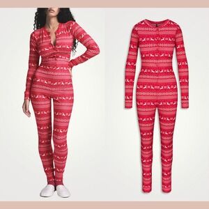 NWT $128 SKIMS [ 2X ] Logo Plush Pointelle Henley One Piece Red Fairisle U1592
